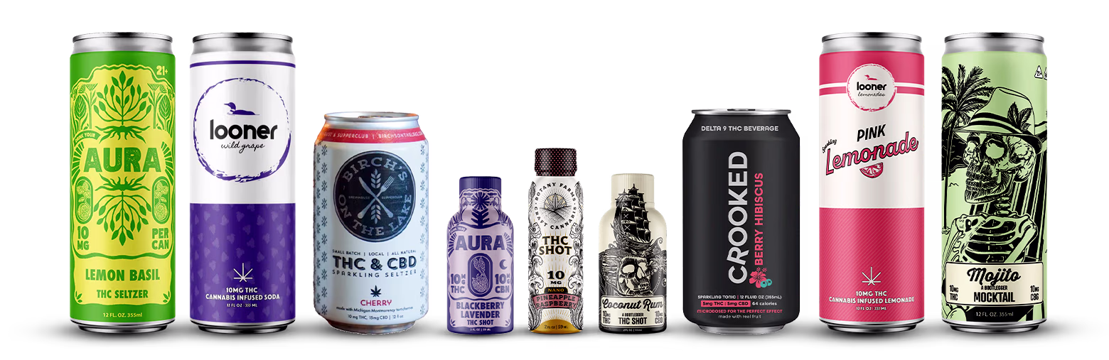 Loon Leaf collection of THC beverages including Looner, Aura, Crooked, and other cannabis-infused drink brands