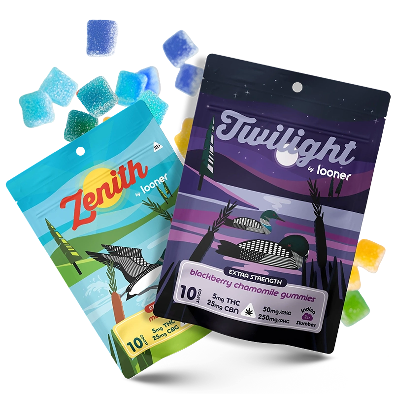 Loonleaf contact page showing Twilight and Zenith THC gummy packaging